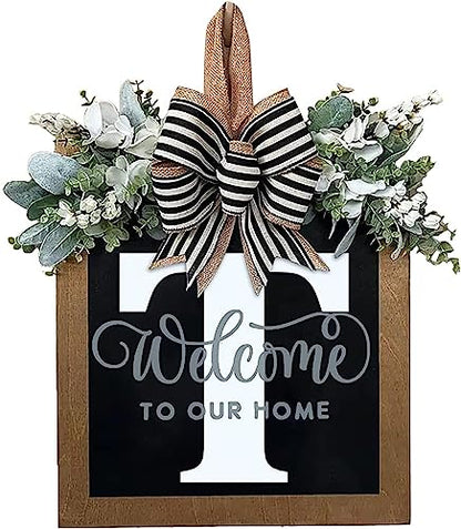 Last Name All Year Round Front Door Wreath with 26 Initial Letter Welcome Sign All Seasons Eucalyptus Garland and Bow ，Farmhouse, Porch, for Spring Summer Fall All Seasons Holiday Halloween Christmas.（T） - color: T