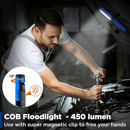 WORKPRO Rechargeable Flashlight, LED Pen Light with 365 nm UV Black Light, 450 Lumen Pocket Penlight, Magnetic Clip, for Hurricane Deluge Flood Emergency - color: Blue