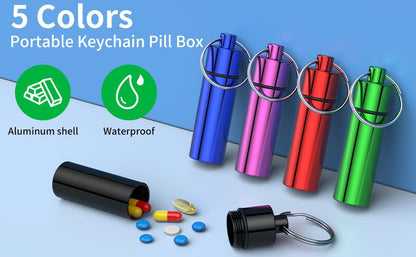 Small Pill Box,(5 Pack) Keychain Pill Holder Portable Mini Travel Pill Container Metal Case Bottle with Keyring - color: 5c