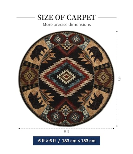 YIHOUSE Southwestern Round Rug 6ft, Low Pile Soft Circle Area Rug with Non-Slip Backing, Western Rustic Washable Rugs for Living Room, Bedroom - color: Bear, size: 6' (Round)
