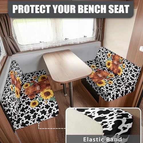 Highland Cow Print RV Dinette Cushion Covers Universal Sunflower RV Stretch Sofa Seat Slipcovers 2 Pack with 1 Bench Cover and 1 Backrest Cover Camper Accessories for Inside - color: Highland Cow Print