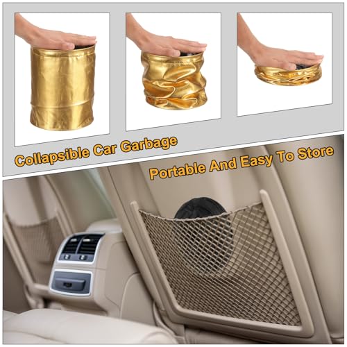 HARFINGTON Car Trash Can 0.9 Gallon Foldable Leak-Proof Garbage Organizer Portable Hanging Waterproof Truck Trash Bins for Van Automotive Vehicle Front Seat, Gold - color: Gold Tone