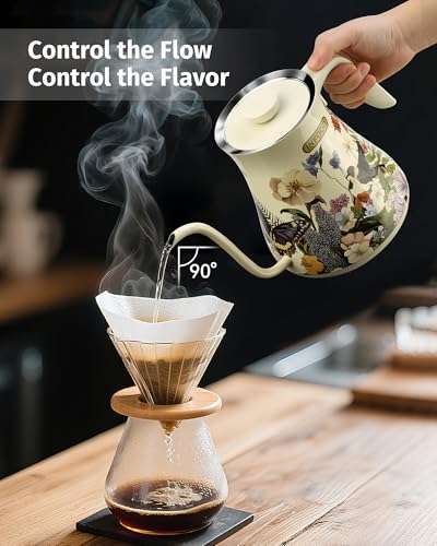 INFOOD 0.8L Gooseneck Electric Kettle, Precise Temperature Control for Pour Over Coffee & Tea, 1200W Fast Boiling Water, Auto Shut Off, Scheduling, Stainless Steel, Floral Painted Design - color: Floral