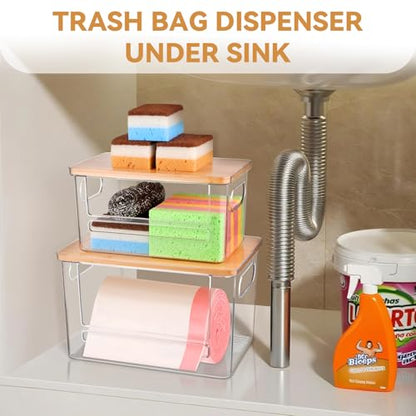 Trash Bag Holder Dispenser 2 Pack, Garbage Bag Dispenser with Bamboo Lid & Handles, Stackable Clear Trash Bag Organizer Under Sink for Kitchen, Pantry, Laundry Room, Cabinet (XL+S) - size: S + XL
