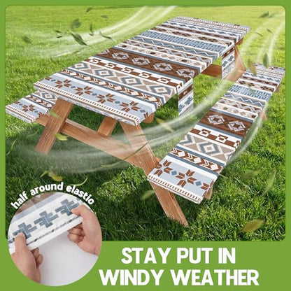 Fitted Picnic Table Cover with Bench Covers Fitted Rectangle Table Cloth Tablecloth Camping Gear Essentials Rv Accessories Road Trip Supplies Car Travel Must Have 8 Ft Foot Feet 96in Boho Bohemian - color: Blue Brown Boho, size: 96in
