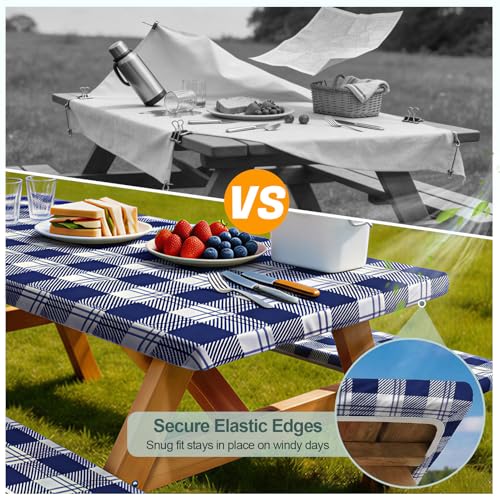 Play Tailor Picnic Table Cover with Bench Covers Camping Essentials Waterproof Windproof Camping Tablecloth with Drawstring Bag, Fitted Rectangle Tables and Seats, 96in, Blue Checkered - color: Blue Checkered, size: 96in