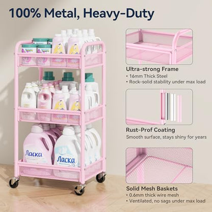 YASONIC 3 Tier Rolling Cart – Metal Utility Storage Cart with Wheels, Craft Cart Organizer with Hanging Cups, Hooks, Mesh Basket for Bedside Kitchen Office Art, Pink - color: Pink
