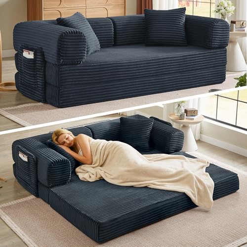 Boneless Couch Futon Sofa Bed Sectional Couches for Living Room,Cloud Couch with Sleeper Sofa,Sofas for Living Room Oversized Corduroy Upholstered (Gray, 81 Inches (with Iron Frame)) - color: Grey, size: 81 Inches