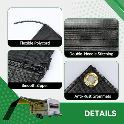 RV Awning Shade Screen with Zipper 9' x 16'3'', 600D Oxford Top + Mesh Bottom, RV Sun Shade Screen for Awning, RV Shade Complete Kits for Trailer Camper - size: 9’ x 16’3”