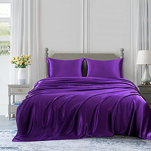 Homiest 3pcs Satin Sheets Set Luxury Silky Satin Bedding Set with Deep Pocket, 1 Fitted Sheet + 1 Flat Sheet + 1 Pillowcase (Twin Size, Purple) - color: Purple, size: Deep pocket - Twin size