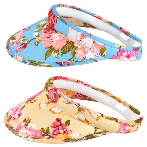 2 Pack Sun Visor Hats Women Men Clip On Wide Brim Visors Hat Outdoor Sports Golf Beach Travel Tennis Caps - color: Flower-blue Yellow