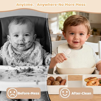 Beige Travel Silicone Foldable Feeding Set, On-the-Go Baby Feeding Supplies Including Toddler Plates, Silicone Baby Spoon&Fork, Adjustable Foldable Bib, Portable Infant Toddler Utensils - color: Beige