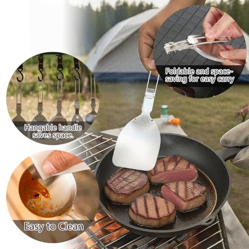 6Pcs Camping Cooking Utensil Set，Camp Kitchen Utensil Set，Stainless Steel Portable Folding Outdoor Cooking Utensil for RV Car,Tent Campers,Outdoor Picnics BBQ