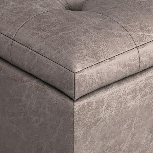 SIMPLIHOME Cosmopolitan Storage Ottoman - 34 inch Wide Upholstered Vegan Leather Rectangle Storage Ottoman Bench in Distressed Grey Taupe, Transitional Tufted Ottoman for Living Room with Lift-Up Lid - color: Distressed Grey