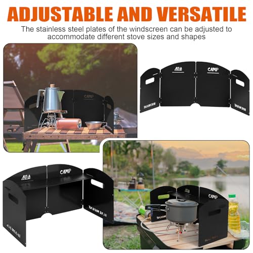 Black Camping Stove Windscreen 4 Plates Steel Camp Stove Windscreen Folding Outdoor Picnic Cooker Stove Wind Screen Windshield with Drawstring Bag for Camping, Hiking, Picnic, Backpacking, Cooking - color: Black