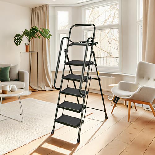Valeo 5 Step Ladder with Handrails,500 Lbs Capacity,Folding Step Stool Ladder with Tool Platform,Wide Anti-Slip Pedal,Step Ladder 5 Step Folding,Multi-use for Home,Kitchen,Office,Black - style: 5 Step Ladder with Handrails