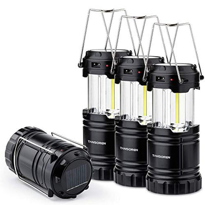 4 Pack Solar USB Rechargeable 3 AA Power Brightest COB LED Camping Lantern, Waterproof Collapsible Emergency LED Light