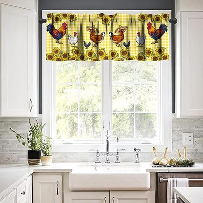 Rooster Window Valance, Western Farm Chicken Sunflower Retro Yellow Buffalo Grid Print Rod Pocket Short Window Treatments for Home Kitchen Living Room Bedroom, 54x18in - color: Farmhouse Animal-11