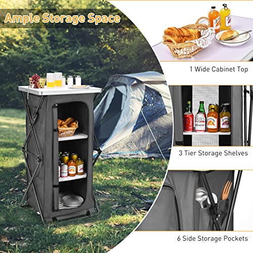 Goplus Folding Camping Storage Cabinet, Pop Up Outdoor Camping Kitchen Station with Large 3-Tier Storage Organizer, Carry Bag, Easy Set Up Portable Compact Camping Table for BBQ Picnic Backyard (47'') - size: 47''