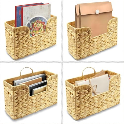 Woven Hanging Magazine Holder, Water Hyacinth Mail Basket Wall Mounted Magazine Basket Rack with Handle for Book, Files Bathroom, Home, Office - 11.75 X 4.2 X8 Inch