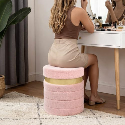 Round Ottoman with Storage, Foldable Vanity Stool with Soft Padded, Boucle Foot Stool for Dorm Room, Living Room and Bedroom, Pink