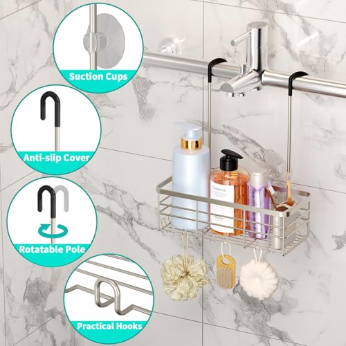 HapiRm Hanging Shower Caddy Organizer - No Drilling Shower Organizer with Hooks, Rustproof & Waterproof 304 Stainless Steel Bathroom Shelves - Brushed Nickel (1 Basket) - color: Brushed Nickel- 1 Basket