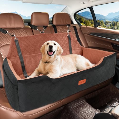 HEGGCOOE Large Dog Car Seat Under 100 lbs, Washable Dog Car Bed for 2 Medium Dogs, Detachable Pet Booster Seat with Storage Pocket and Seat Belt for Back Seat Dog Travel Bed - color: Black/Brown