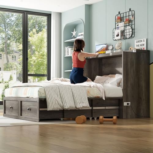 AMERLIFE Full Murphy Bed with Storage & Charging Station, Farmhouse Murphy Cabinet with Foldable Panel, Noisy Free, for Guest Bedroom, Living Room, Office, Rustic Grey - color: Rustic Grey, size: Full