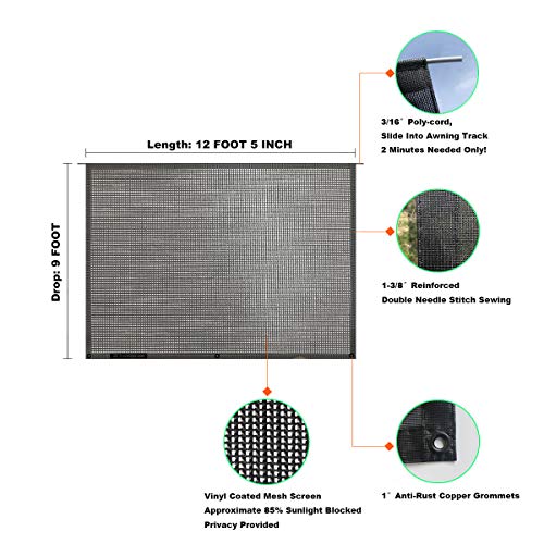 Shadeidea RV Sun Shade Screen for RV Awning - 9' X 12' 5'' (fit for 13' Awning) Black Mesh Sunshade Motorhome Camping Trailer UV Sunblocker Canopy Sunscreen - 3 Year Warranty - size: 9' 0'' x 12' 5'' -Actual Measurement