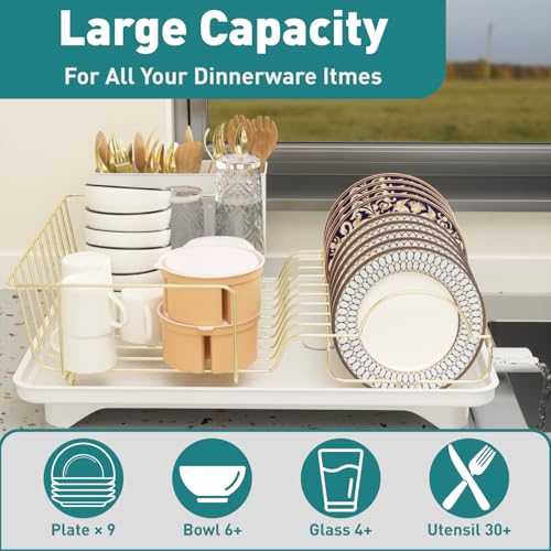Buruis Dish Drying Rack for Kitchen Countertop, Large Capacity Gold Stainless Steel Dish Drainer with Anti-Slip Rubber Feet, Removable Drain Board and Utensil Holder (White Tray) - color: White Drainer