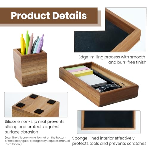 Wooden Pencil Holder with Desk Drawer Organizer Tray, Silicone Anti-Slip Pen Holder Set Aesthetic Desk Accessories for Office Home Supplies