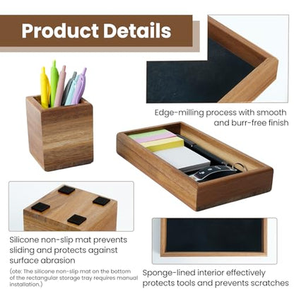 Wooden Pencil Holder with Desk Drawer Organizer Tray, Silicone Anti-Slip Pen Holder Set Aesthetic Desk Accessories for Office Home Supplies
