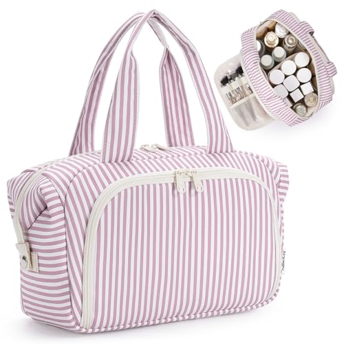 Narwey Travel Toiletry Bag for Women, Wide Open Large Makeup Bag, Cosmetic Bag Make Up Organizer with Handle, Wet Pocket for Towel, Travel Bag for Toiletries, Brushes, Essentials (Dusty Pink Stripe) - color: Y-Dusty Pink Stripe