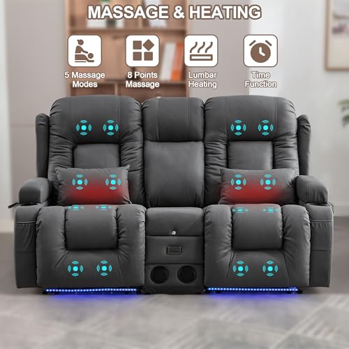 TUNYI Power Loveseat Recliner Sofa with Massage & Heat Home Theater Seating with Console RV Recliner Loveseat Sofa with USB/Storage/Side Pocket/LED Light/Speaker (Dark Grey, Loveseat) - color: Dark Grey, size: 2 Seat