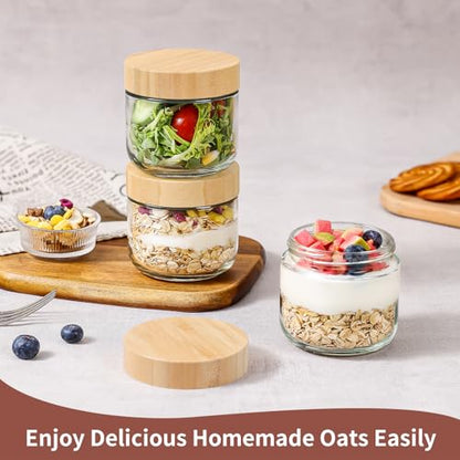 DRKIO 10 Oz Overnight Oats Containers with Bamboo Lids - 4 Pack Glass Storage Jars with Airtight Lids Wide Mouth Mason Food Jars Great for Meal Prep Salad Chia Pudding Snacks Yogurt Sugar Spice - color: 10 Oz - Natural