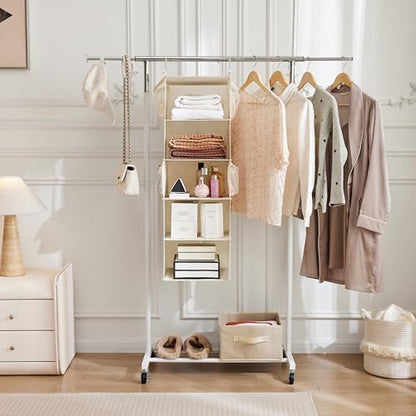 MAX Houser 5 Shelf Hanging Closet Organizer, Space Saver, Cloth Hanging Shelves with 4 Side Pockets, Foldable, Beige - color: Beige-6