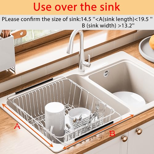 NiuYichee Stainless Steel Dish Drying Rack(15"L X 12.6"W X 4.7"H), Expandable Fruit & Vegetable Drain Rack over Sink, Dish Drainer Rack in Sink, with Stainless Steel Utensil Holder & Silicone Mat(16") - size: X-Large【15" X 12.6"】