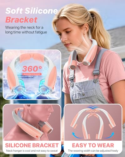 Kesguar Portable Neck Fan, 20H RunTime Cooling Fan, 6 Speeds 360° Airflow Personal Fan, Rechargeable Hands Free with 6000mAh Battery Wearable Fan Gifts for Women Men Outdoor Travel Camping - color: Pink