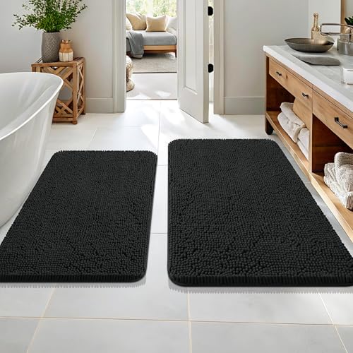OLANLY Bathroom Rugs Sets 2 Piece, Soft Absorbent Chenille Bath Rug Set, Non-Slip, Quick Dry, Machine Washable Bath Mats for Bathroom, Home Decor Accessories (36"x24"+30"x20", Black) - color: Black, size: 36" X 24" + 30" X 20"