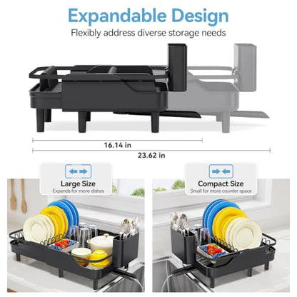 Urackify Expandable Dish Rack for Kitchen Counter,16.14"-23.62" Large Dish Drying Rack with Adjustable Water Spout, Space Saving Dish Drainer with Auto Draining Cutlery Holder, Matte Black - color: Matte Black