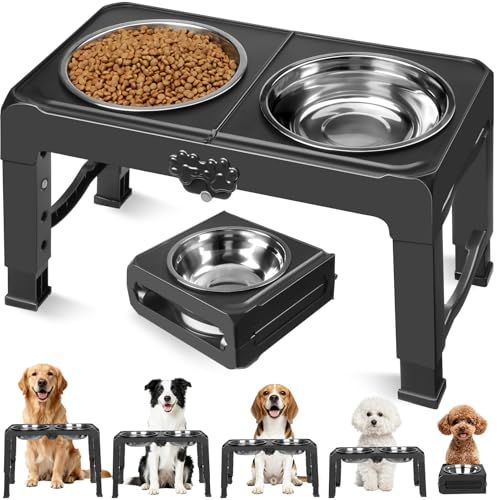 COMESOON Elevated Dog Bowls, 5 Adjustable Heights (3.9"-13.4") Raised Dogs Food Bowl Stand for Medium Large Sized Dogs, Non-Slip Foldable Travel Pet Feeder Black with Stainless Steel Bowls - color: Black, size: 7.1" for Medium Dogs