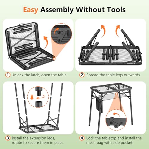 Folding Grill Table for Outside, 3 Height Adjustable Small Camping Table with Mesh Bag, Metal Aluminum Folding Table, 23.62 x 15.75 inches, Portable Grill Stand for Picnic, Camping, BBQ, Beach, Black - size: 23.62 x 15.75 x 27.56 inch