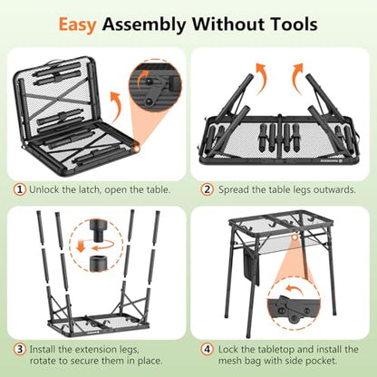 Folding Grill Table for Outside, 3 Height Adjustable Small Camping Table with Mesh Bag, Metal Aluminum Folding Table, 23.62 x 15.75 inches, Portable Grill Stand for Picnic, Camping, BBQ, Beach, Black - size: 23.62 x 15.75 x 27.56 inch