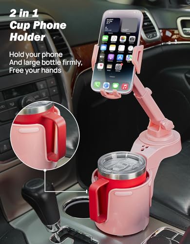 JOYTUTUS Cup Holder Phone Mount for Car, Car Cellphone Large Adapter Long Arm with 360 Degree Rotation, Compatible iPhone, Samsung & All Smartphones,Pink,1 Pack - color: PINK