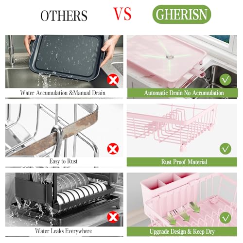 Dish Drainer Rack with Drip Tray, Sink Dish Drainer with Drainage Spout, Stainless Steel Dish Drying Rack with Cups, Utensil & Cutting Board Holders for Kitchen Counter Space-Saving, Pink - color: Pink