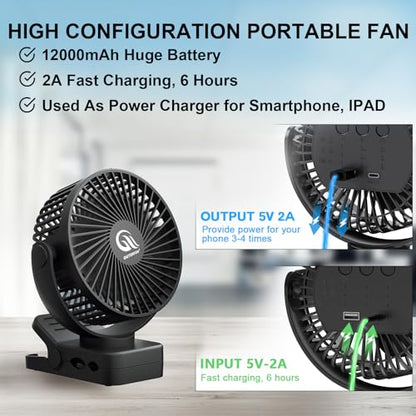 Portable Fan with Remote Control & Timer & LED Lights, 60hrs 12000mAh USB Rechargeable Battery，Clamp/Hanging/Stand Up, Small Clip on Fan for Baby Stroller, Bed, Desk, Camping Tent, Travel - size: 5 inch