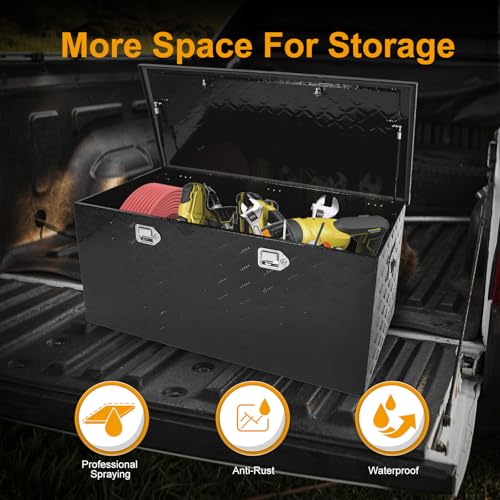 Black 48 Inch Truck Chest Tool box Heavy Duty Aluminum Stripes Plated Pick Up Truck Bed Box RV Trailer Toolbox Storage Waterproof with Side Handle and Lock Keys –48"x24"x24" - color: Black, size: 48"x24"x24"