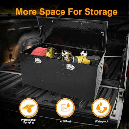 Black 48 Inch Truck Chest Tool box Heavy Duty Aluminum Stripes Plated Pick Up Truck Bed Box RV Trailer Toolbox Storage Waterproof with Side Handle and Lock Keys –48"x24"x24" - color: Black, size: 48"x24"x24"