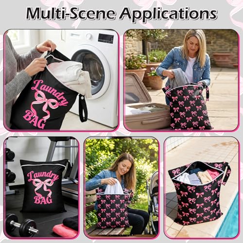 2 Pcs Large Travel Laundry Bags Waterproof Wet Dry Bag, Washable Dirty Clothes Bags for Travel，Drawstring, Bathing Suit, Workout, Gym Clothes Laundry, Swimming Pool & College Dorm, Black Bow - color: Black Bow