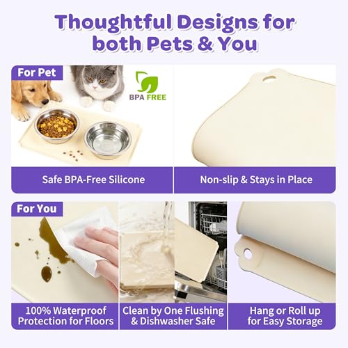 Pet Feeding Mat 12"x19" Silicone Dog Feeding Mat Pet Place Mat Waterproof Silicone Contain Spills Protects Floors Placemats for Cats and Dogs - color: Beige